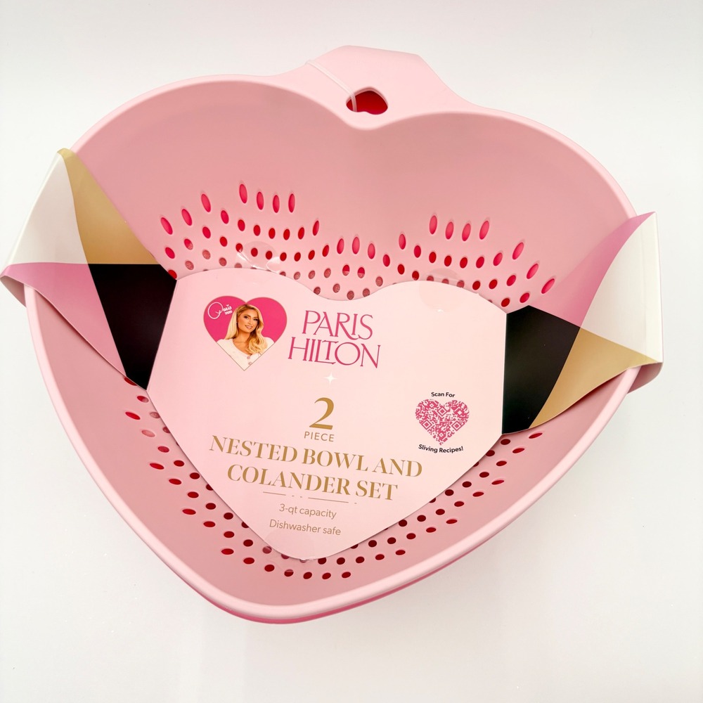 Paris Hilton Heart Shaped 2 Piece Nested Bowl and Colander Set Pink 3qt